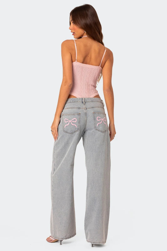 Pink Bow Wide-Leg Jeans