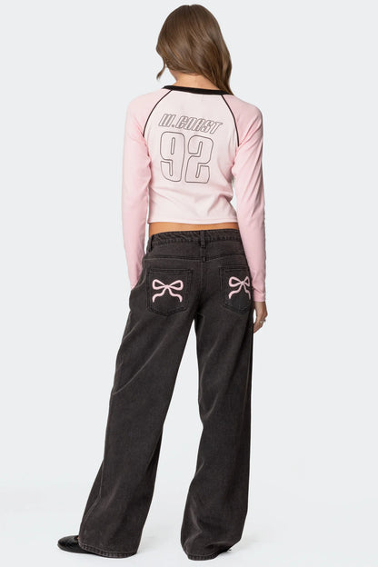 Pink Bow Wide-Leg Jeans